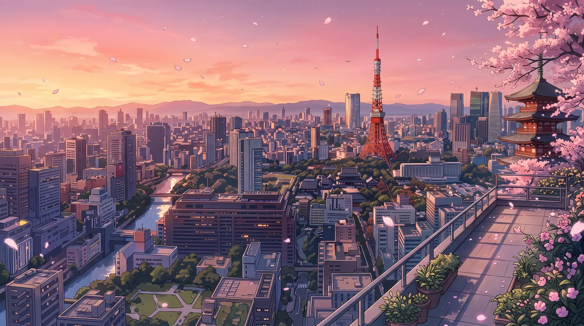东京晚霞全景、东京铁塔与樱花五重塔
